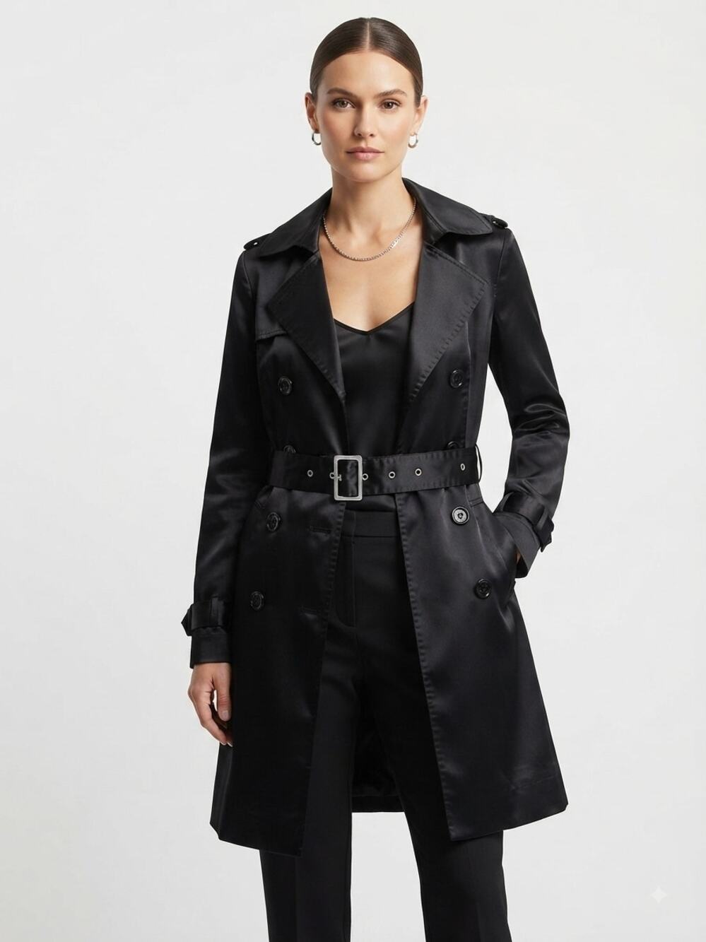 Rampage Black Satin Trench Coat Womens Small Double Breasted Belted Jacket chic